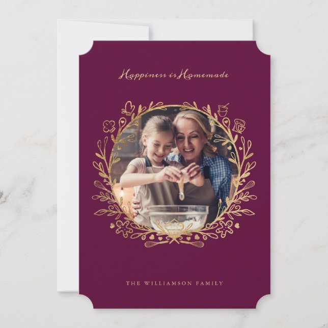 Happiness Is Homemade Gold Burgundy Baking Wreath Holiday Card (Front)