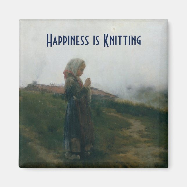 Happiness is Knitting painting of a girl Magnet (Front)