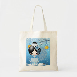 Happiness Kokeshi Doll, in her winter scene Tote Bag