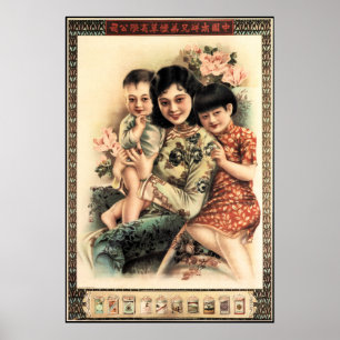 HAPPINESS Mother Child Chinese Advertisement Retro Poster