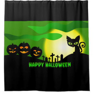 Happpy Halloween Black Cat Shower Curtain