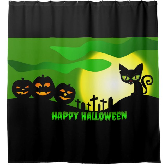 Happpy Halloween Black Cat Shower Curtain (Front)