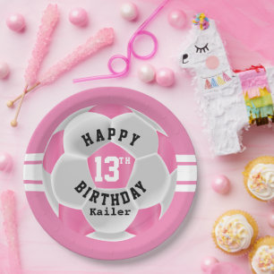 Happy 00th Birthday - Pink and White Soccer Ball Paper Plate