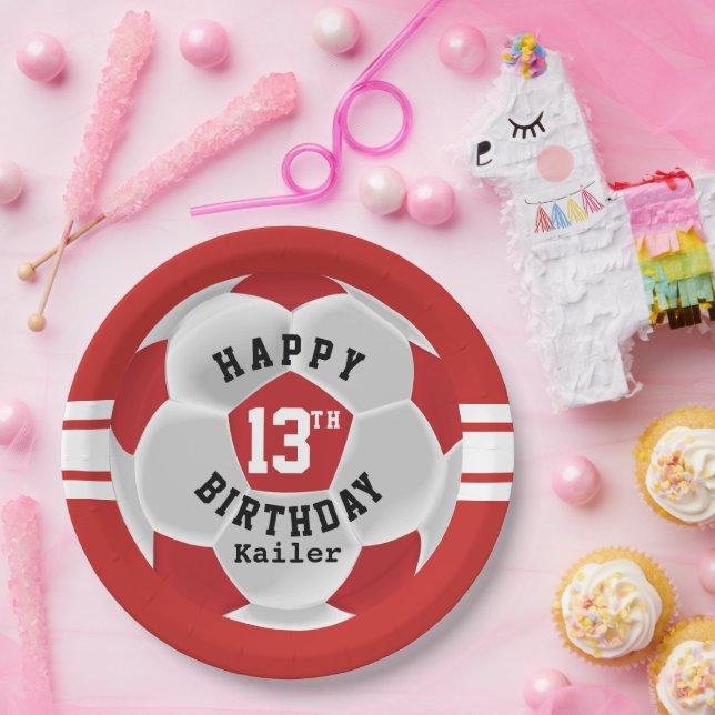 Happy 00th Birthday - Red Soccer Ball Paper Plate (Party)