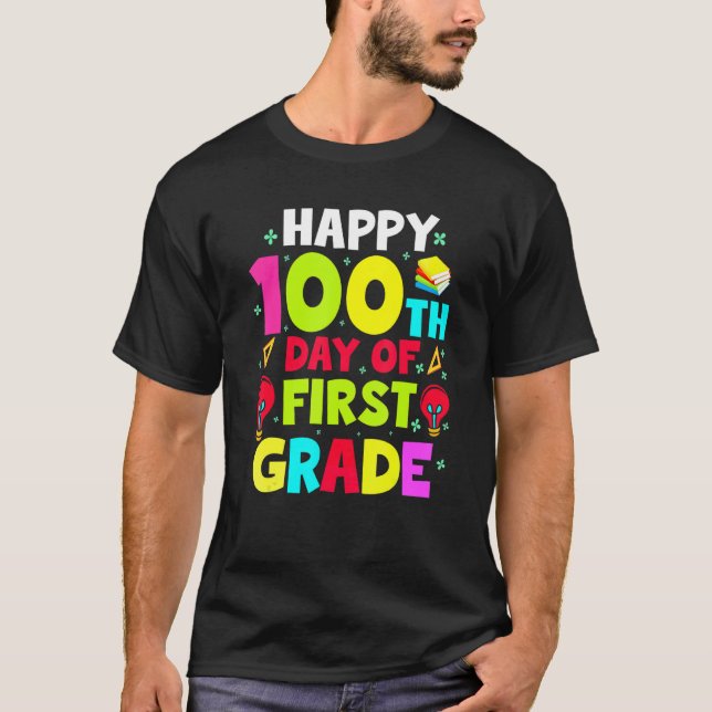 Happy 100 Days of First Grade Kids Teacher Student T-Shirt (Front)
