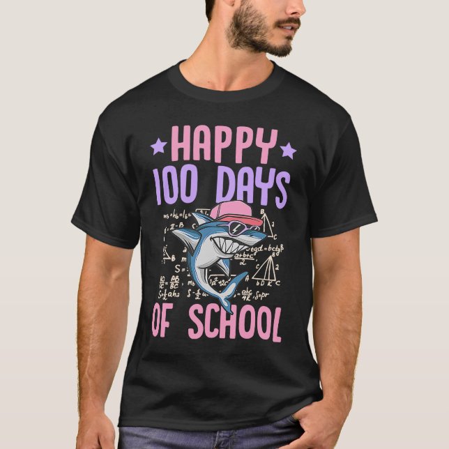 Happy 100 Days Of School Cool Shark  Math Teacher  T-Shirt (Front)