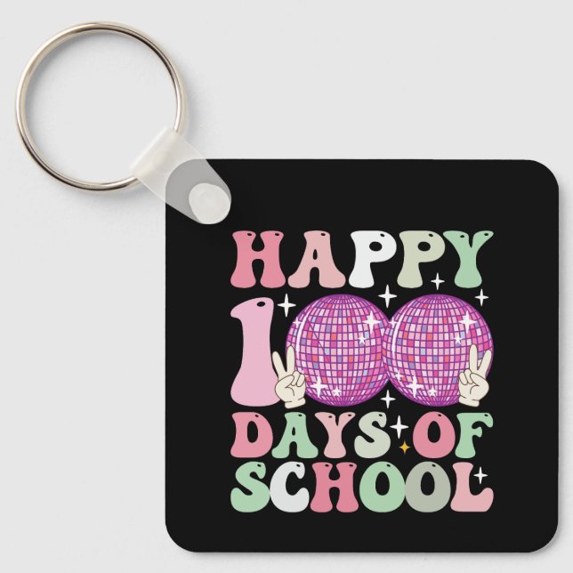 Happy 100 Days Of School Disco Ball Groovy Retro Key Ring (Front)