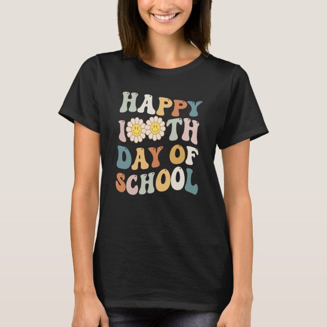 Happy 100 Days of School for Teacher Retro Groovy  T-Shirt (Front)