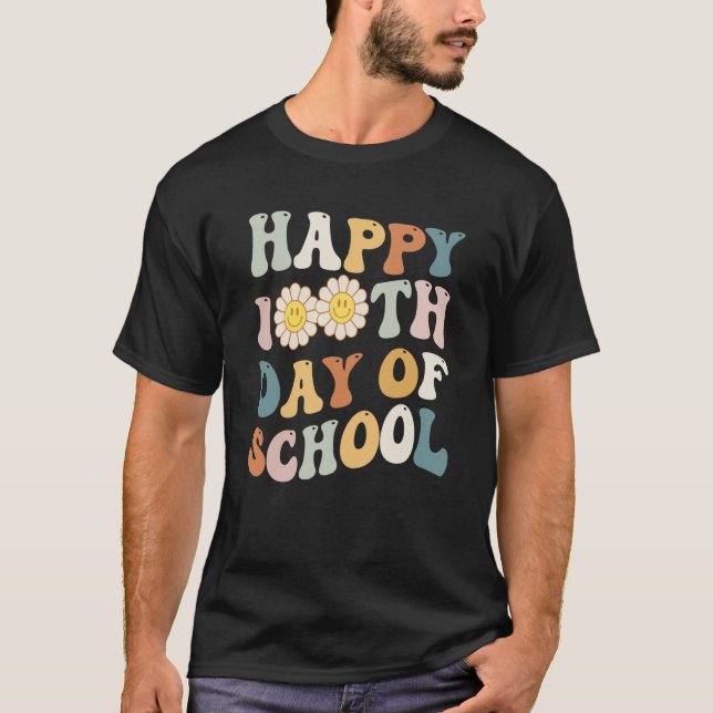 Happy 100 Days of School for Teacher Retro Groovy  T-Shirt (Front)