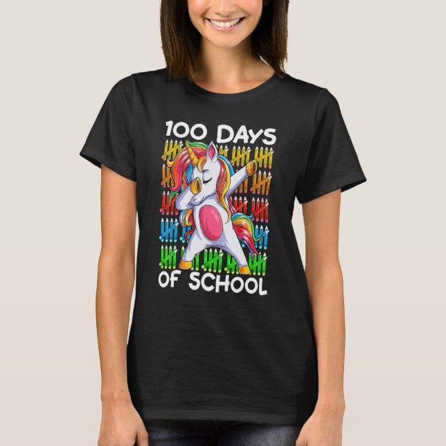 Happy 100 Days Of School Girls Dabbing Unicorn Lov T-Shirt (Front)