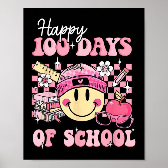 Happy 100 Days Of School Teacher Kids Retro Groovy Poster (Front)