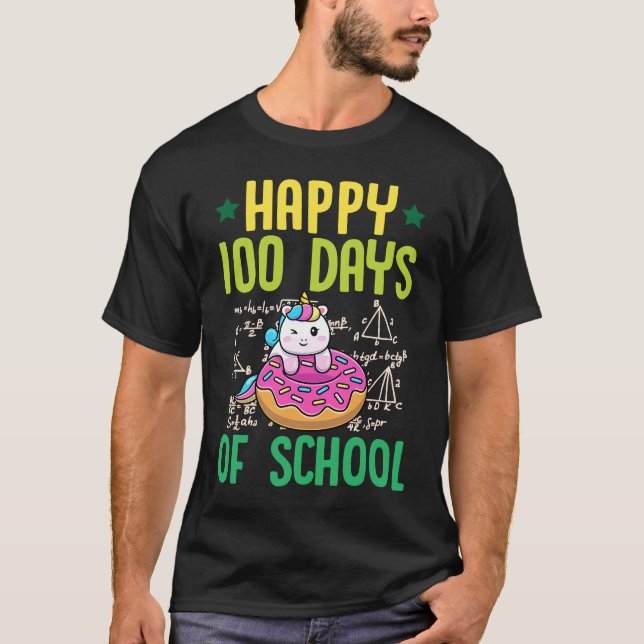 Happy 100 Days Of School Unicorn Donut Math Teache T-Shirt (Front)