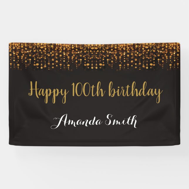 Happy 100th Birthday Banner. Black Gold Glitter Banner (Horizontal)