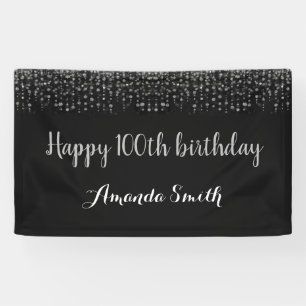 Happy 100th Birthday Banner.Black Silver Glitter Banner