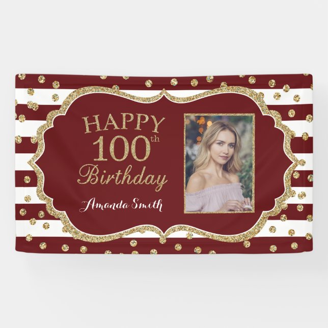 Happy 100th Birthday Banner Burgundy Gold Photo (Horizontal)