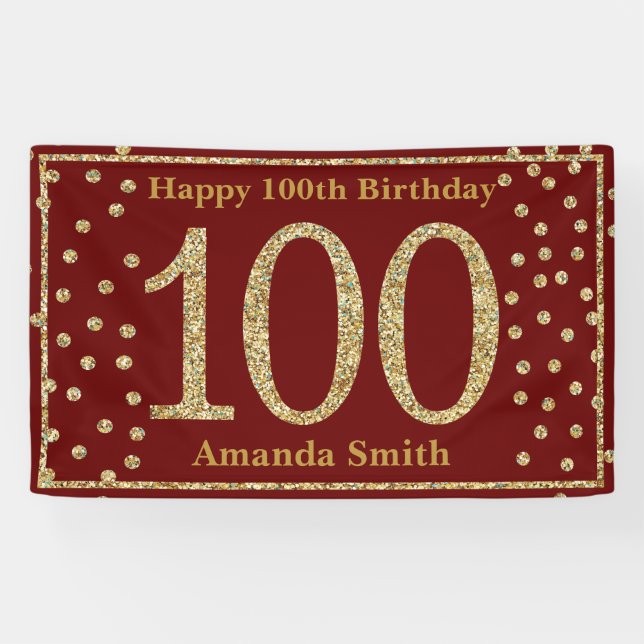 Happy 100th Birthday Banner Burgundy Red Gold (Horizontal)