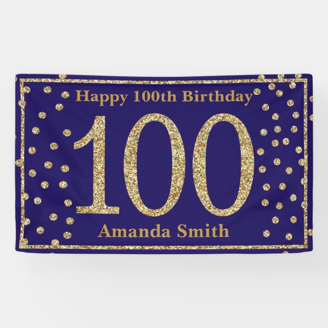 Happy 100th Birthday Banner Navy Blue Gold Glitter (Horizontal)
