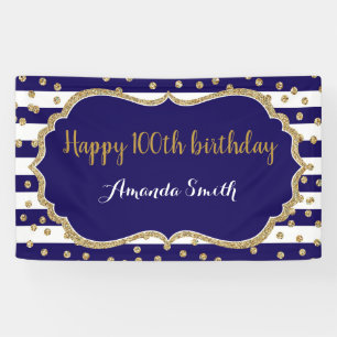 Happy 100th Birthday Banner Navy Blue Gold Glitter