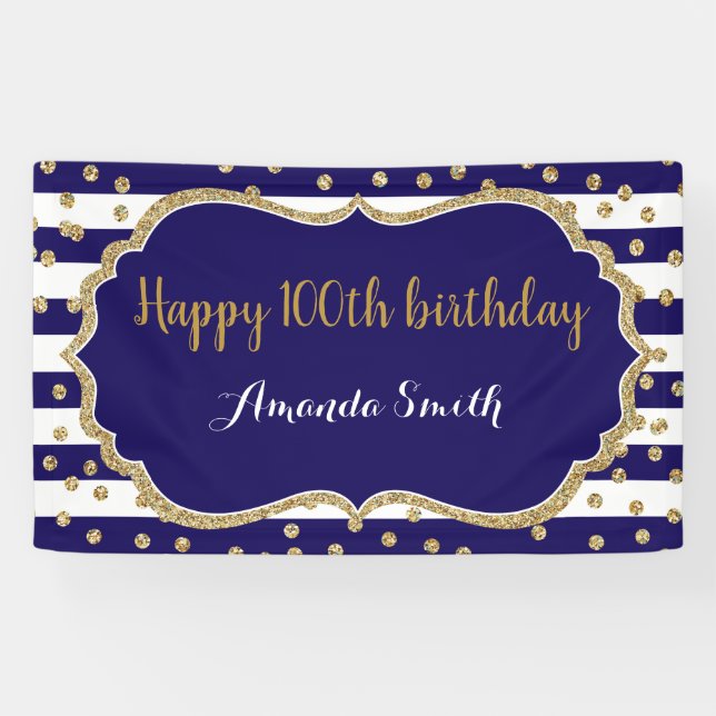Happy 100th Birthday Banner Navy Blue Gold Glitter (Horizontal)