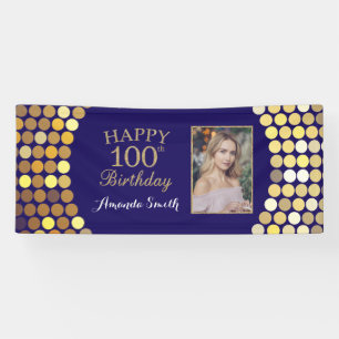 Happy 100th Birthday Banner. Navy Blue Gold Photo Banner