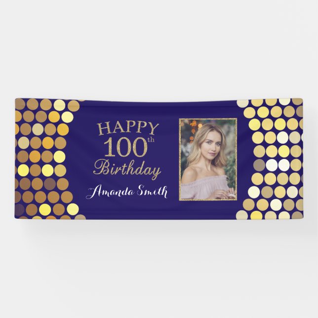 Happy 100th Birthday Banner. Navy Blue Gold Photo Banner (Horizontal)