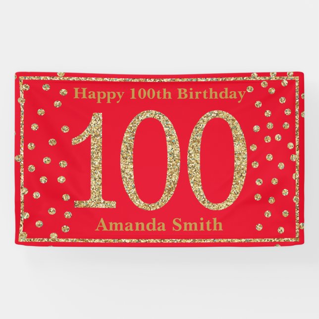 Happy 100th Birthday Banner Red Gold Glitter (Horizontal)