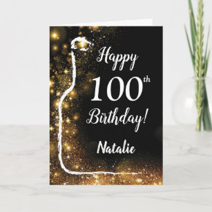 Happy 100th Birthday Black and Gold Glitter Wine Card