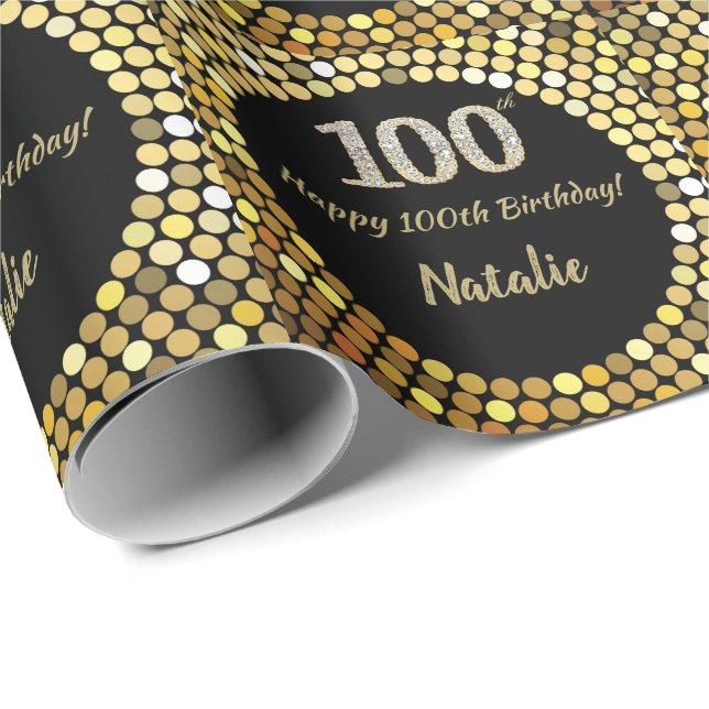Happy 100th Birthday Black and Gold Glitter Wrapping Paper (Roll Corner)