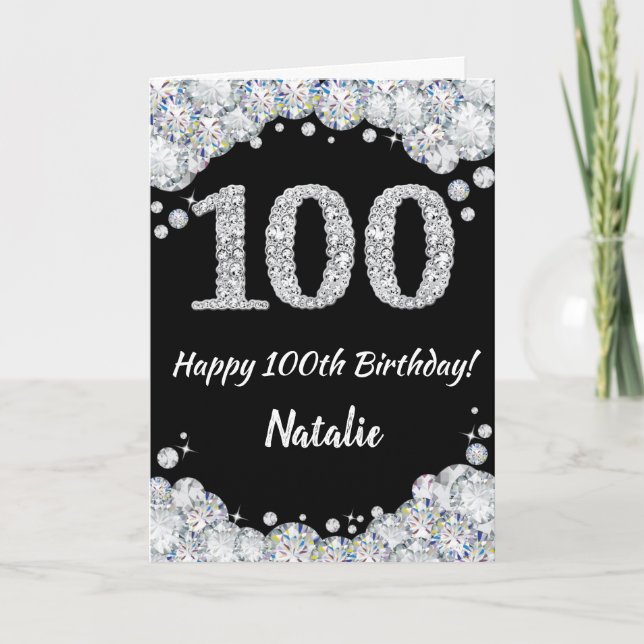 Happy 100th Birthday Black and Silver Glitter Card (Front)