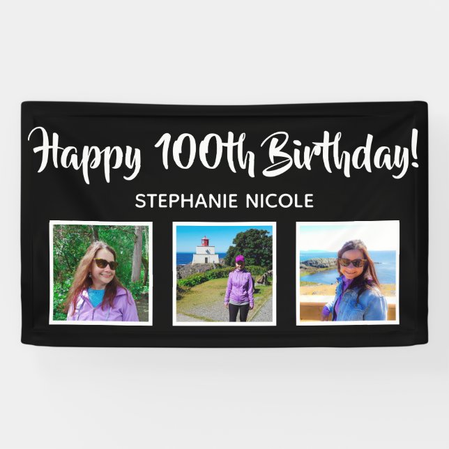 Happy 100th Birthday Black Personalised 3 Photos Banner (Horizontal)