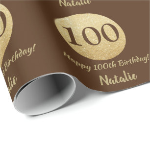 Happy 100th Birthday Brown and Gold Glitter Wrapping Paper