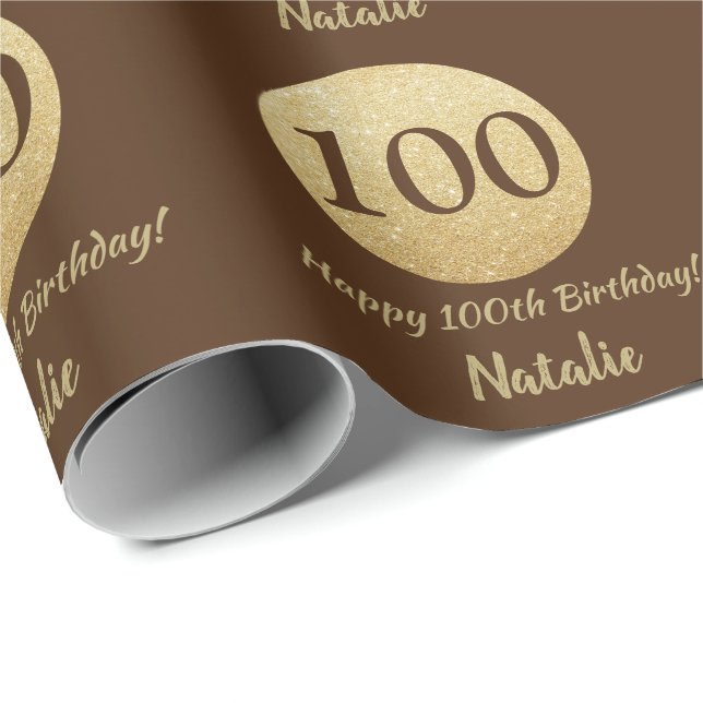 Happy 100th Birthday Brown and Gold Glitter Wrapping Paper (Roll Corner)