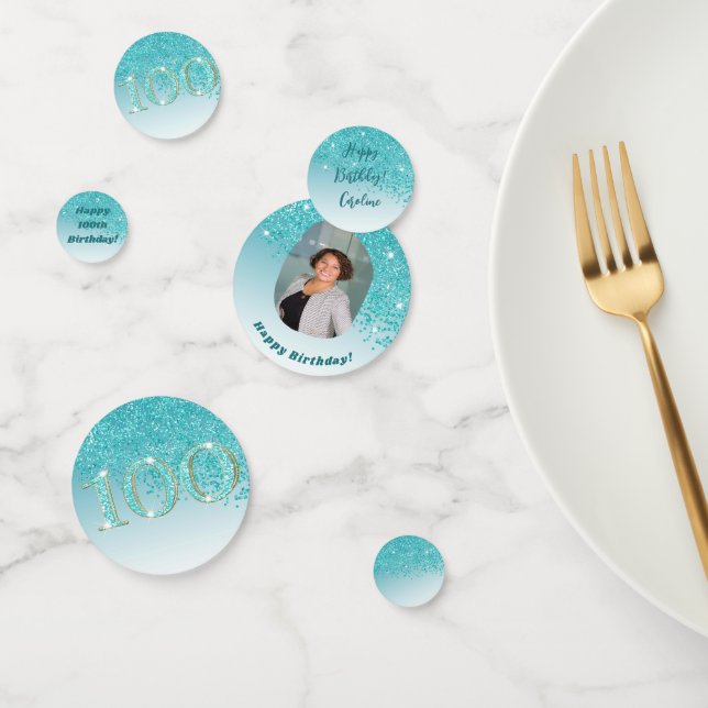 Happy 100th Birthday Chic Teal Blue Glitter Confetti (Group)
