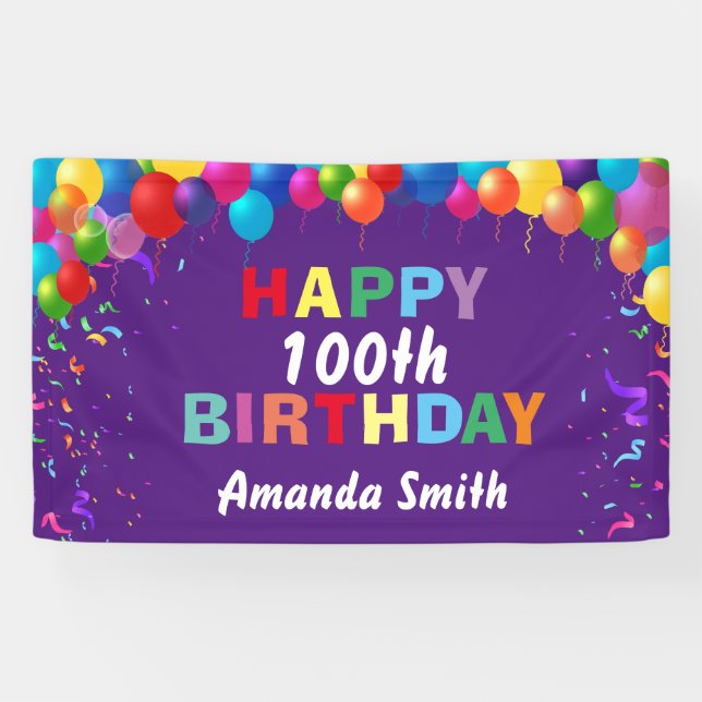 Happy 100th Birthday Colorful Balloons Purple Banner (Horizontal)