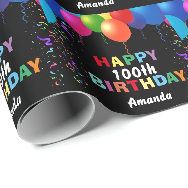 Happy 100th Birthday Colourful Balloons Black Wrapping Paper (Roll Corner)