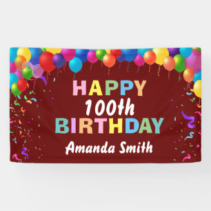 Happy 100th Birthday Colourful Balloons Burgundy Banner