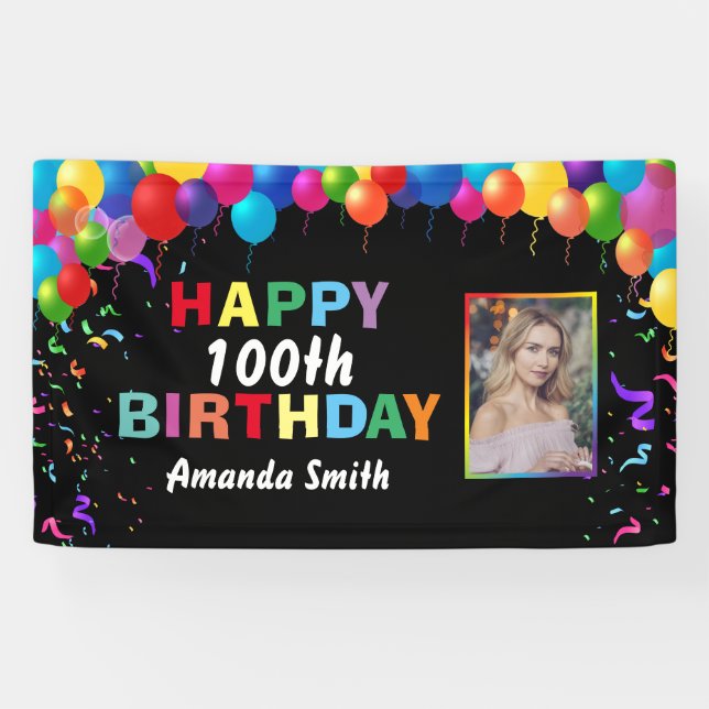 Happy 100th Birthday Colourful Balloons Confetti Banner (Horizontal)