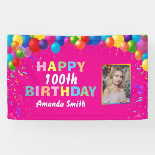 Happy 100th Birthday Colourful Balloons Hot Pink Banner