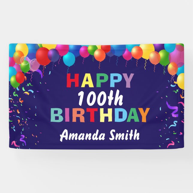 Happy 100th Birthday Colourful Balloons Navy Blue Banner (Horizontal)