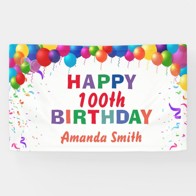 Happy 100th Birthday Colourful Balloons White Banner (Horizontal)