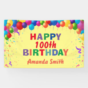 Happy 100th Birthday Colourful Balloons Yellow Banner