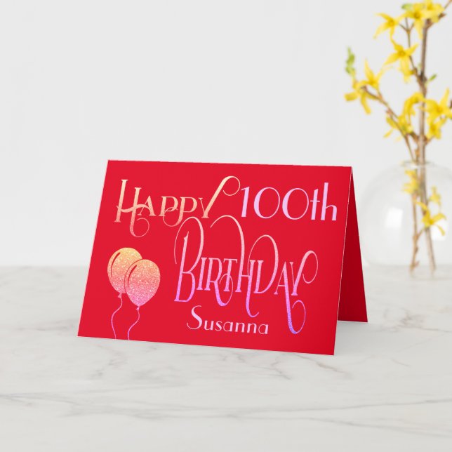 Happy 100th Birthday Decorative Script Name Red Card (Yellow Flower)