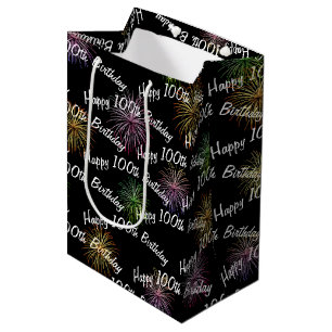 Happy 100th Birthday fireworks on black Medium Gift Bag