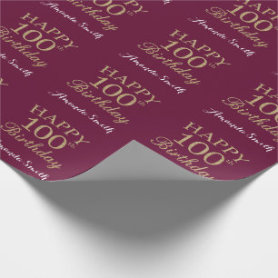 Happy 100th Birthday Gold Glitter and Burgundy Red Wrapping Paper