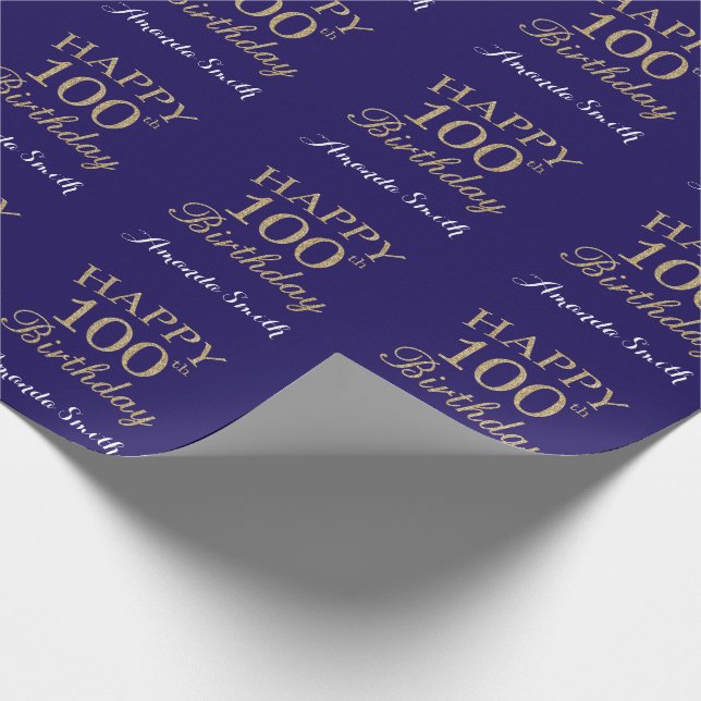 Happy 100th Birthday Gold Glitter and Navy Blue Wrapping Paper (Corner)