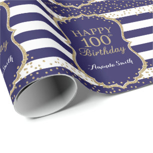 Happy 100th Birthday Gold Glitter and Navy Blue Wrapping Paper