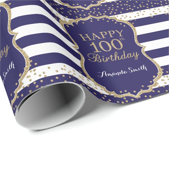 Happy 100th Birthday Gold Glitter and Navy Blue Wrapping Paper (Roll Corner)