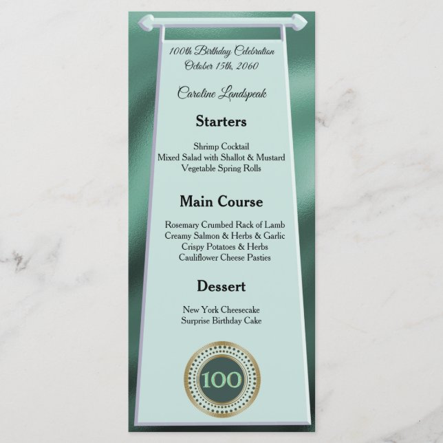Happy 100th Birthday Green Glitter Foil Menu (Front)