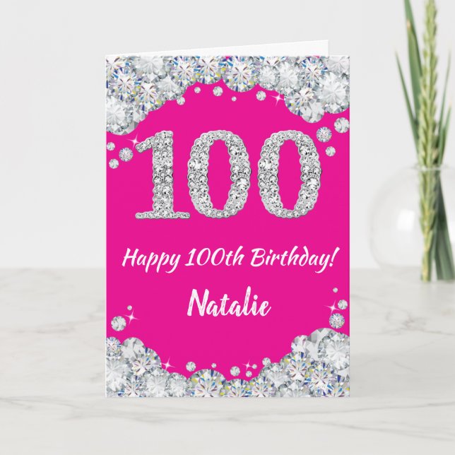 Happy 100th Birthday Hot Pink and Silver Glitter Card (Front)