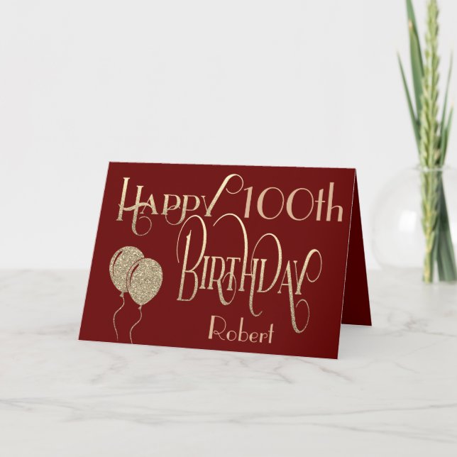 Happy 100th Birthday Name Gold Typography Burgundy Card (Front)